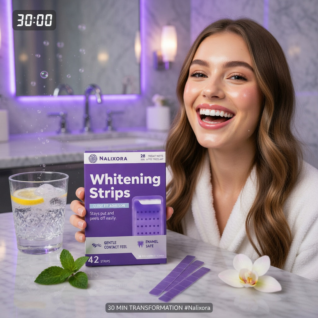 NALIXORA teeth whitening strip being applied to teeth