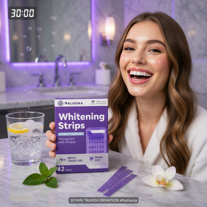 NALIXORA teeth whitening strip being applied to teeth