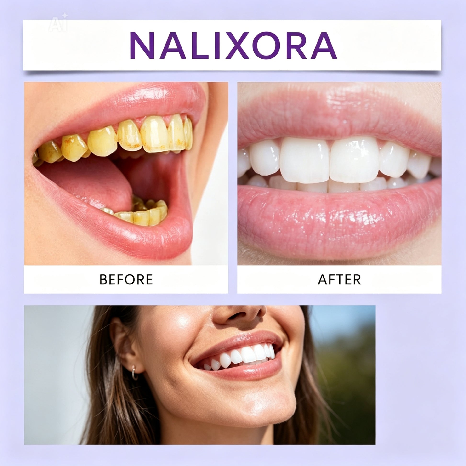 Close-up of a NALIXORA teeth whitening strip