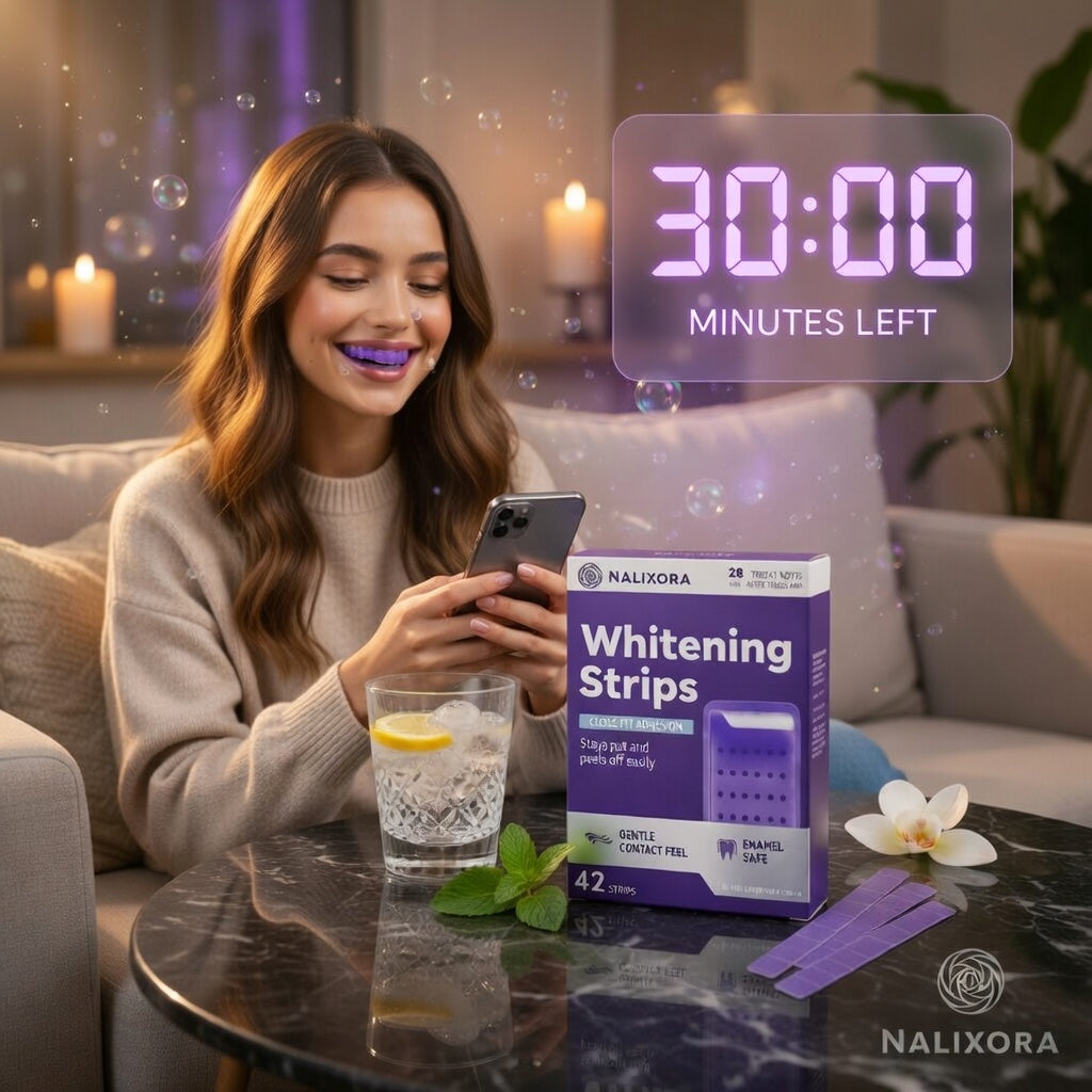 Before and after results using NALIXORA teeth whitening strips